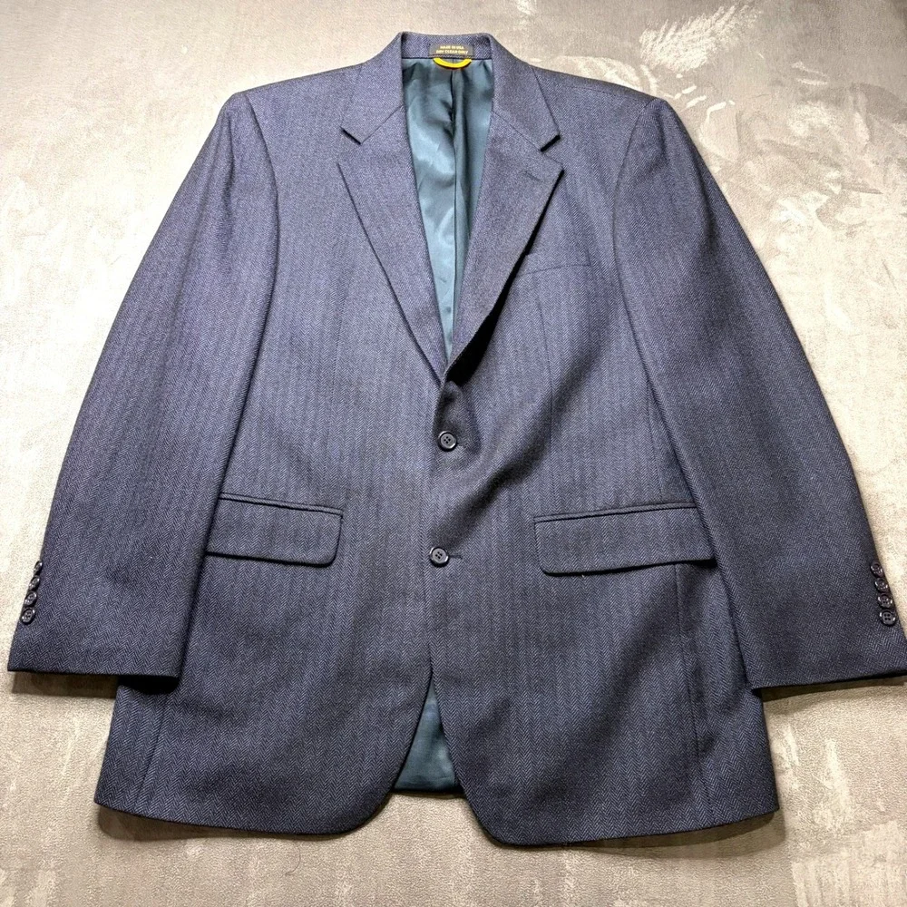 Vtg Bill Blass Blazer Mens 40L Navy Blue Herringbone Wool Two Button Sport Coat